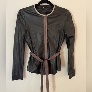 Elie Tahari Leather Shirt Jacket with Removal Belt in Black Brown Size XS